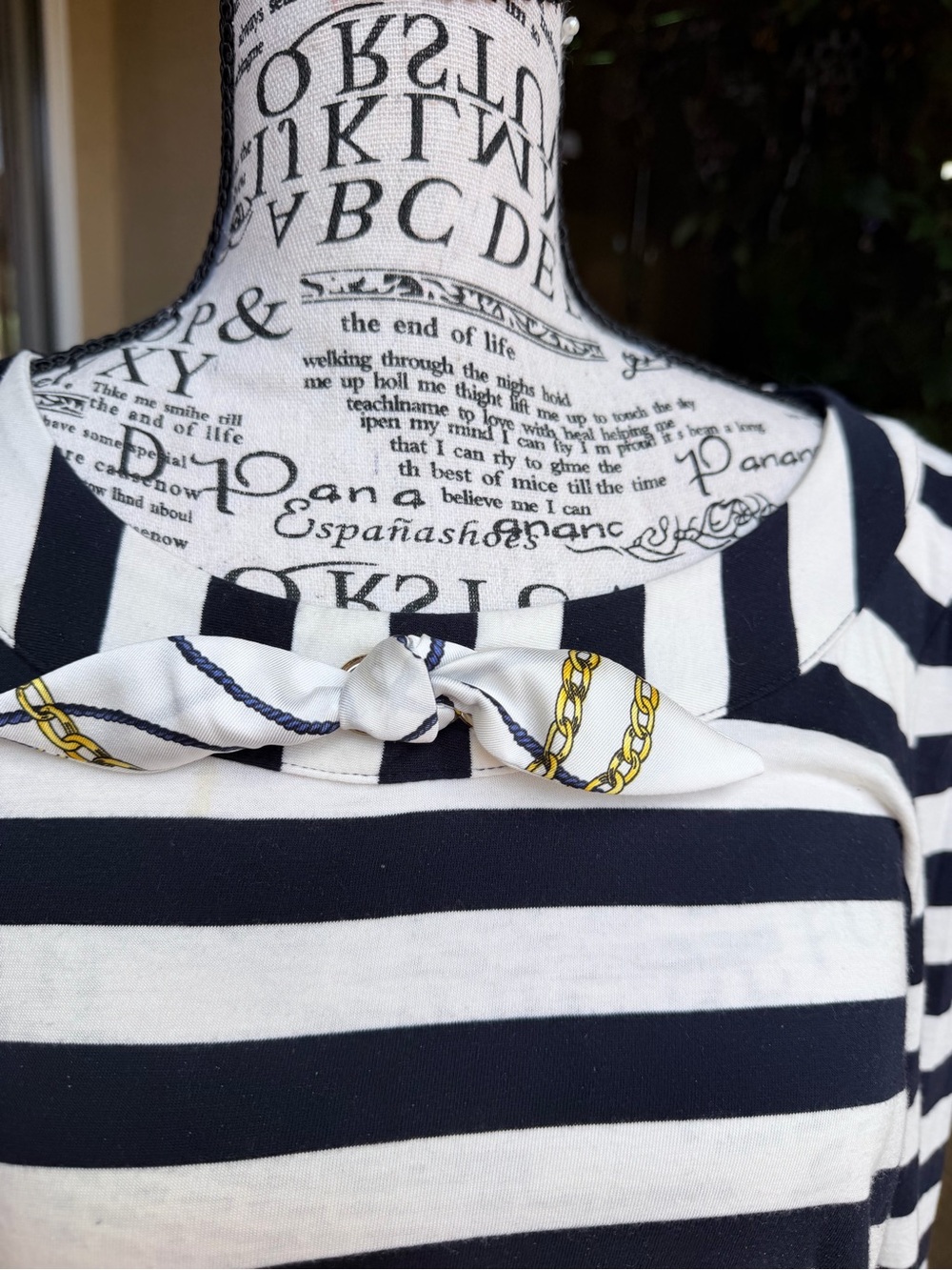 Talbots Navy & White Striped Knot-Front Top with Chain Accent